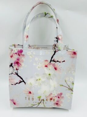 Ted Baker Oriental Cherry Blossom Icon Tote Glossy PVC Bag Purse Gray Pink EUC